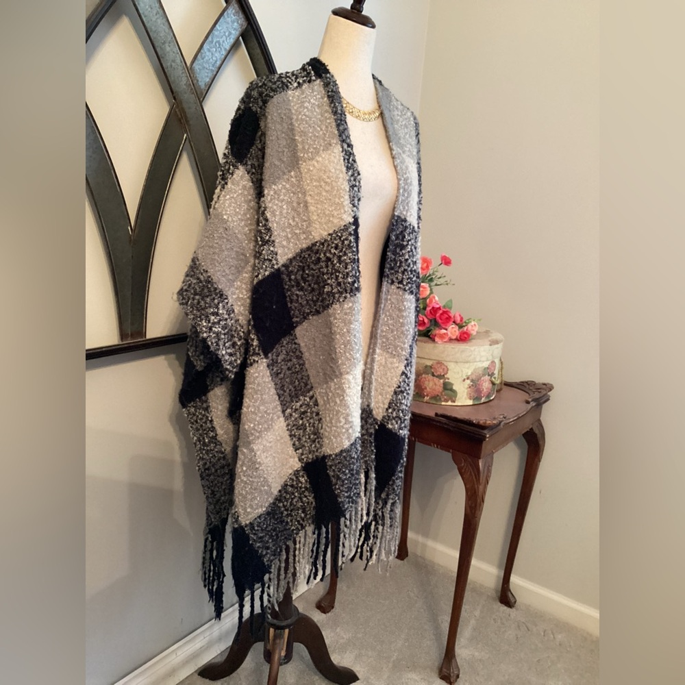 WOOLRICH Black and Gray Plaid Fringed Shawl
